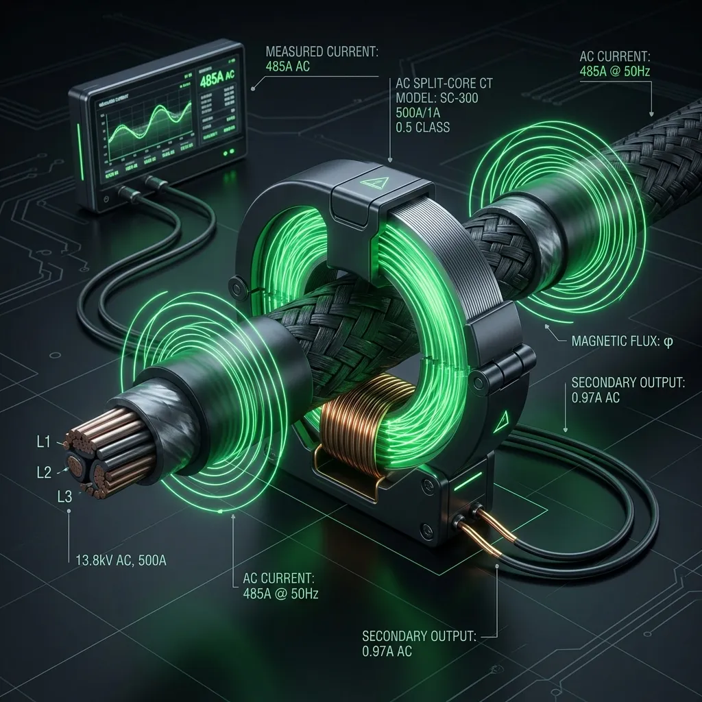 Power cable AC magnetic field batteryless energy harvesting induction clamp