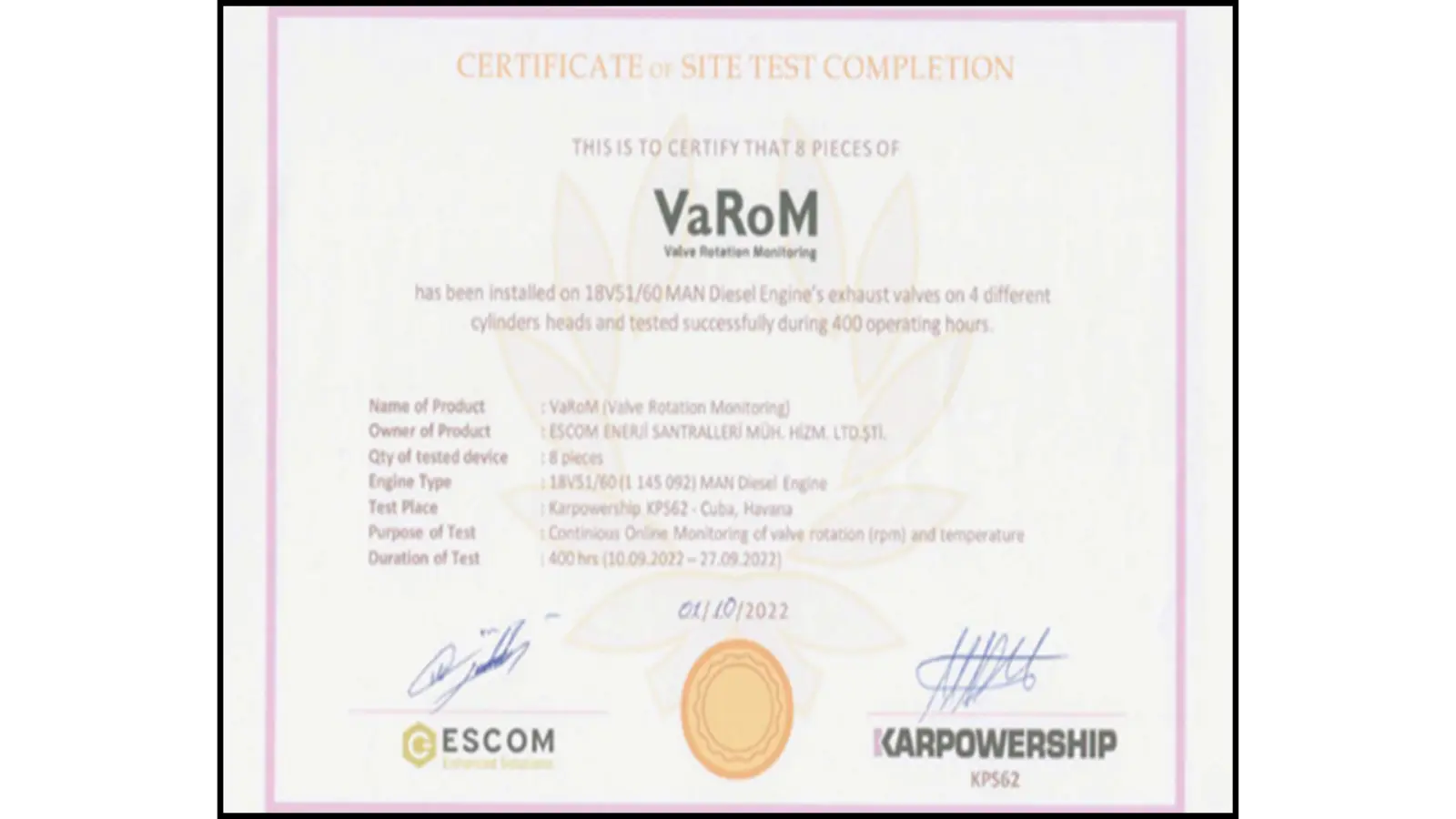 Positive test result of VaRoM Sensor 400 Hours in the Operational environment at Karpowership. Escom Enhanced Solution.